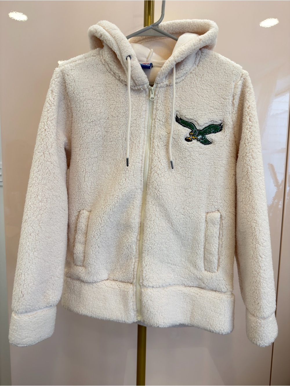 NFL Cream Sherpa Zip Hoodie with Green Eagles Patch